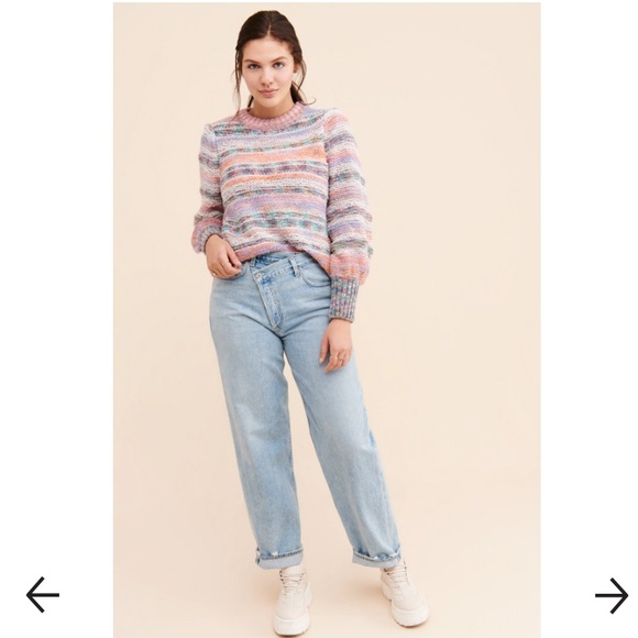 UO Rainbow Space-Dye Stripe Knit Wool Blend Balloon Puff Sleeve Pullover Sweater - Picture 9 of 15
